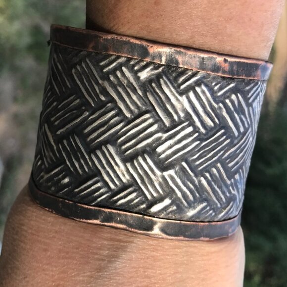 Woven Weave Embossed Sterling Silver 925 Copper Cuff Wide Rustic Handmade - Picture 2 of 13